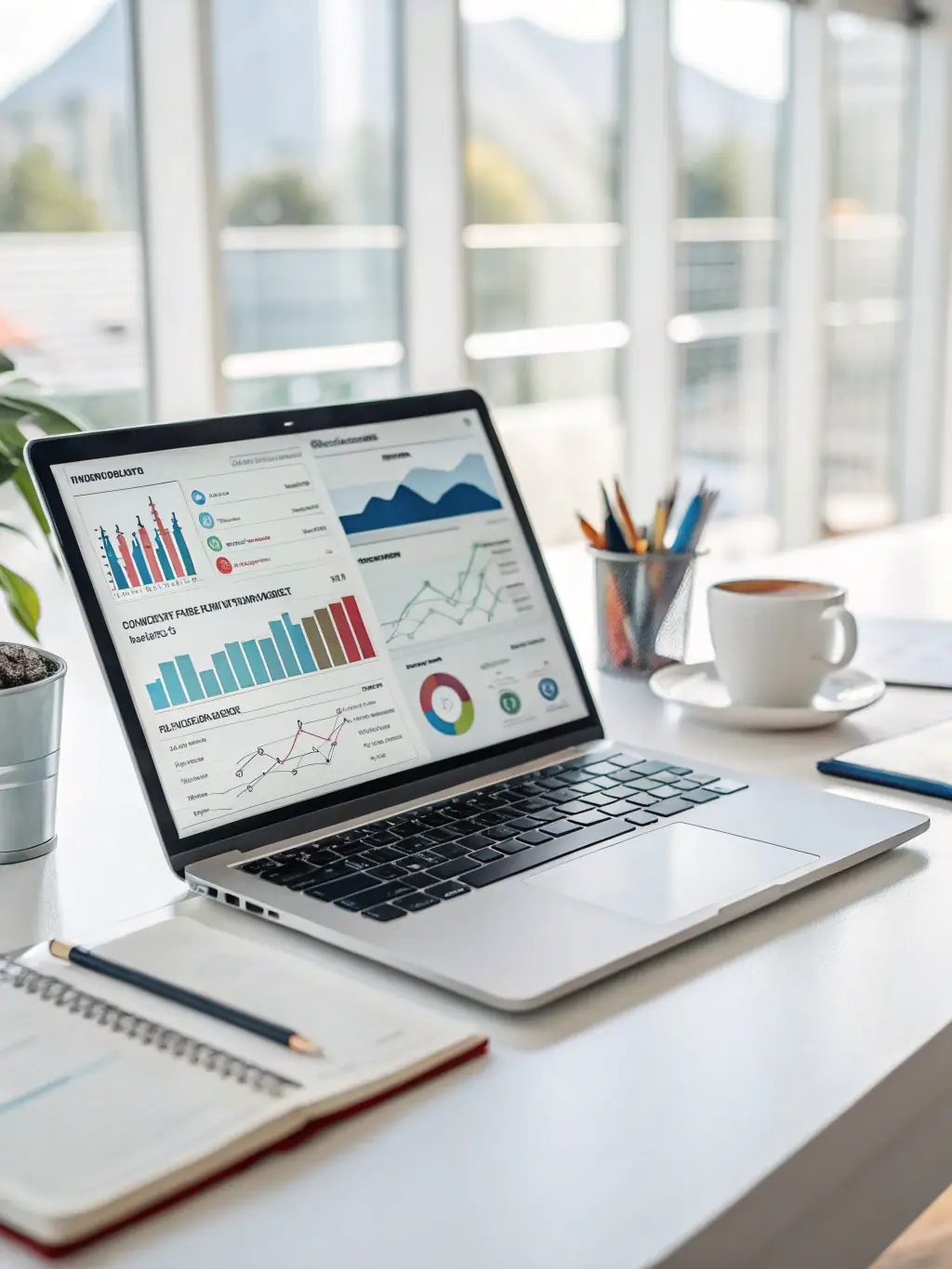 A professional workspace featuring a laptop displaying SEO analytics, surrounded by notebooks and digital devices, symbolizing data-driven SEO strategies.