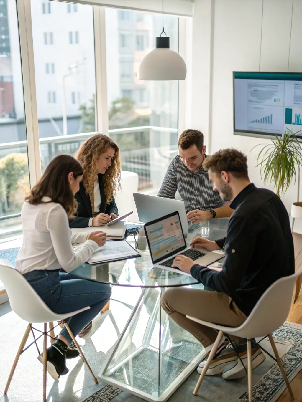 A diverse team collaborating on a digital marketing campaign, using various devices and analytics dashboards, showcasing integrated digital marketing solutions.