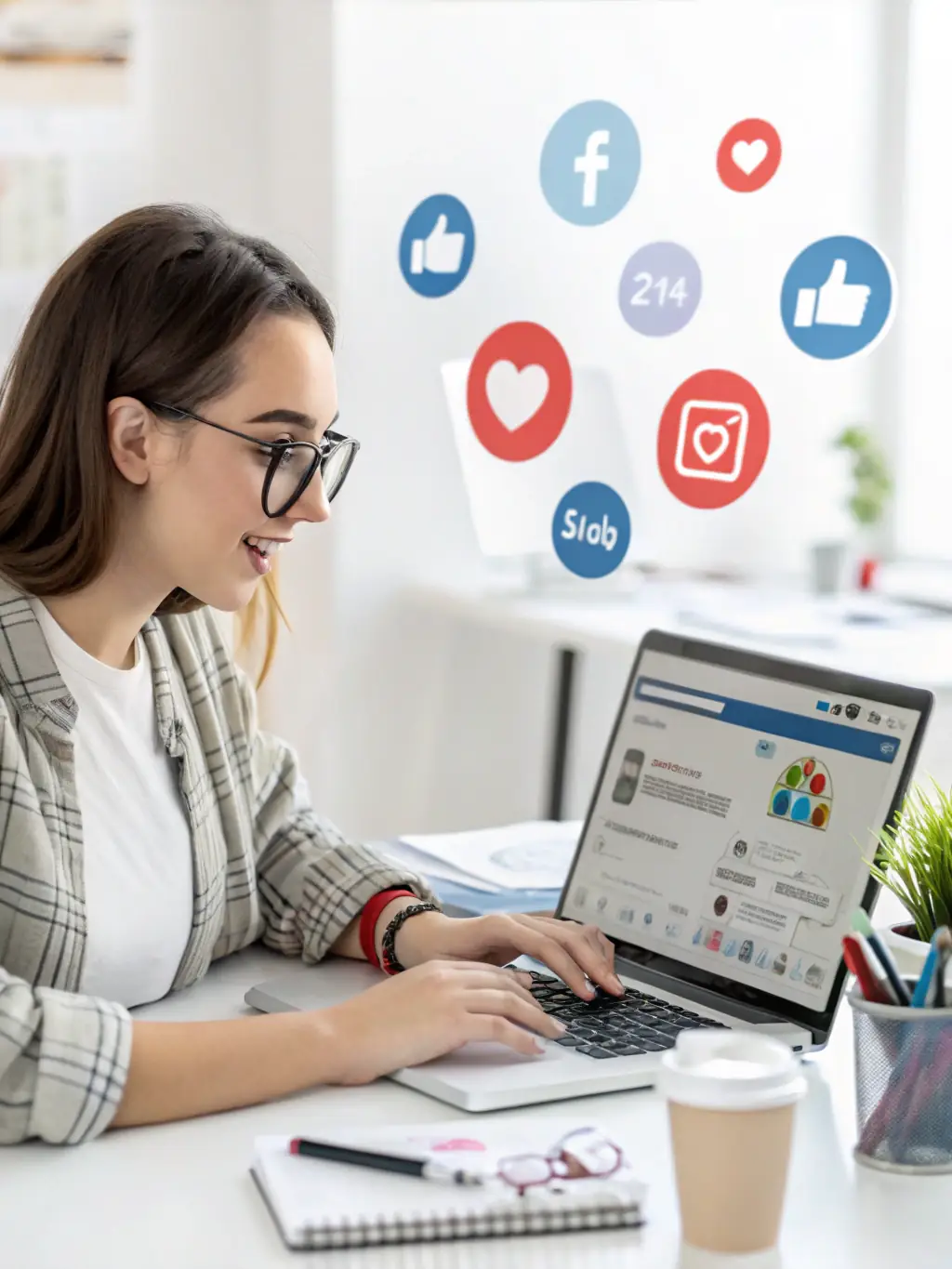 A person managing multiple social media accounts on a tablet, with various social media logos floating around, illustrating comprehensive social media management.