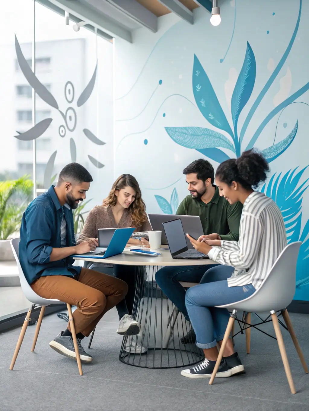 A creative team brainstorming content ideas around a table filled with laptops, tablets, and sticky notes, representing innovative content marketing strategies.