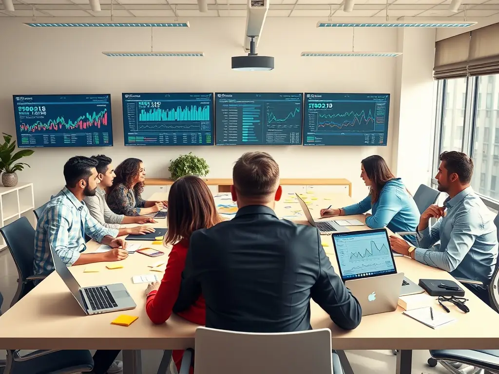 A professional team collaborating on SEO strategy in a modern office, discussing keyword optimization and backlink building techniques.