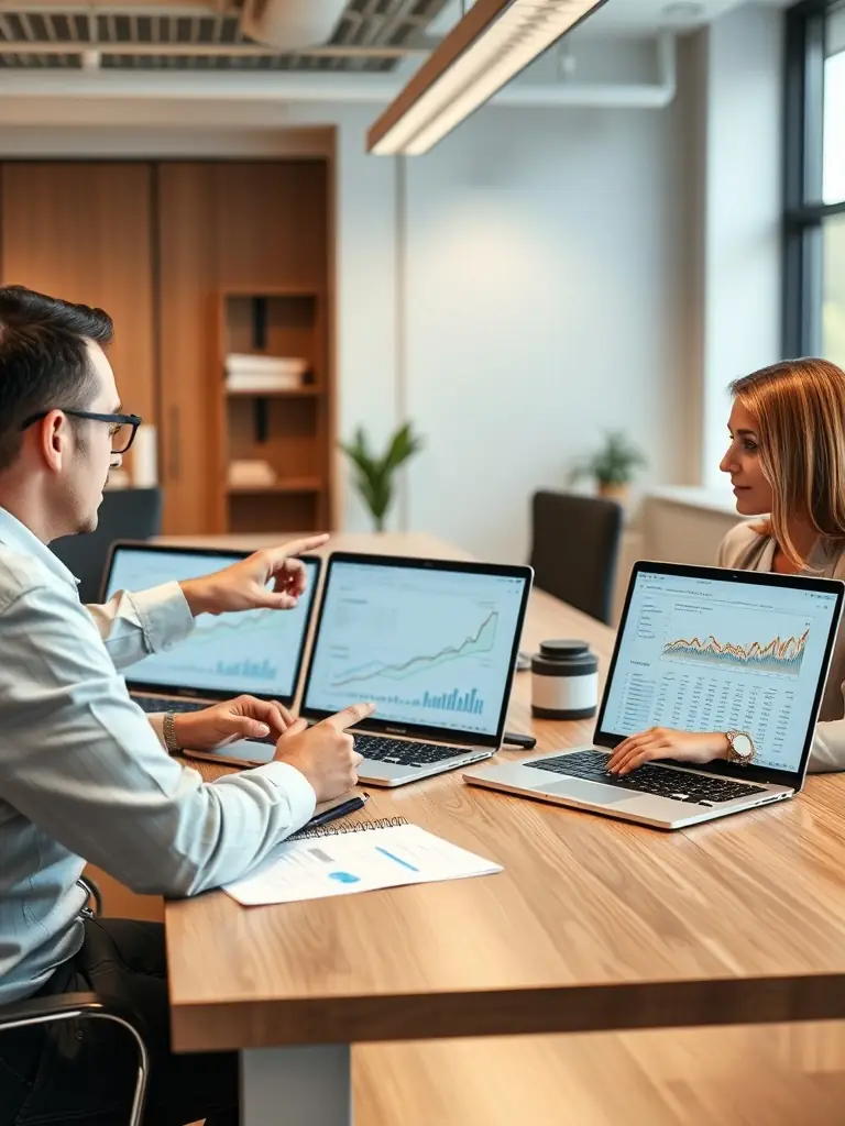 A professional team collaborating on SEO strategy in a modern office, showcasing Web Masters' expertise.