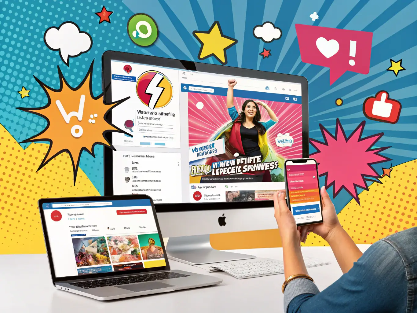 A vibrant digital marketing campaign displayed on multiple devices, showcasing targeted ads and engaging content.